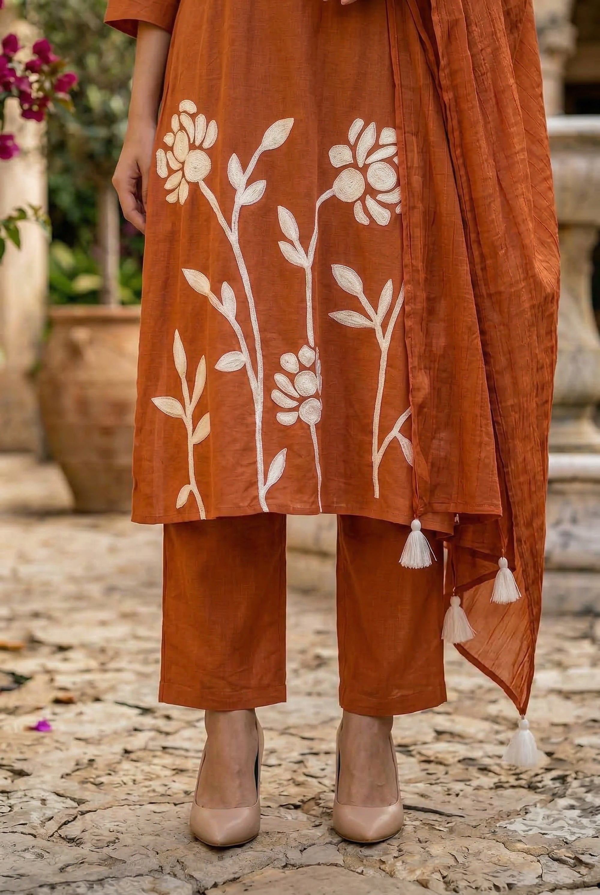 Rust Floral Botanical Ethnic Embroidered Cotton Kurta Set with Dupatta