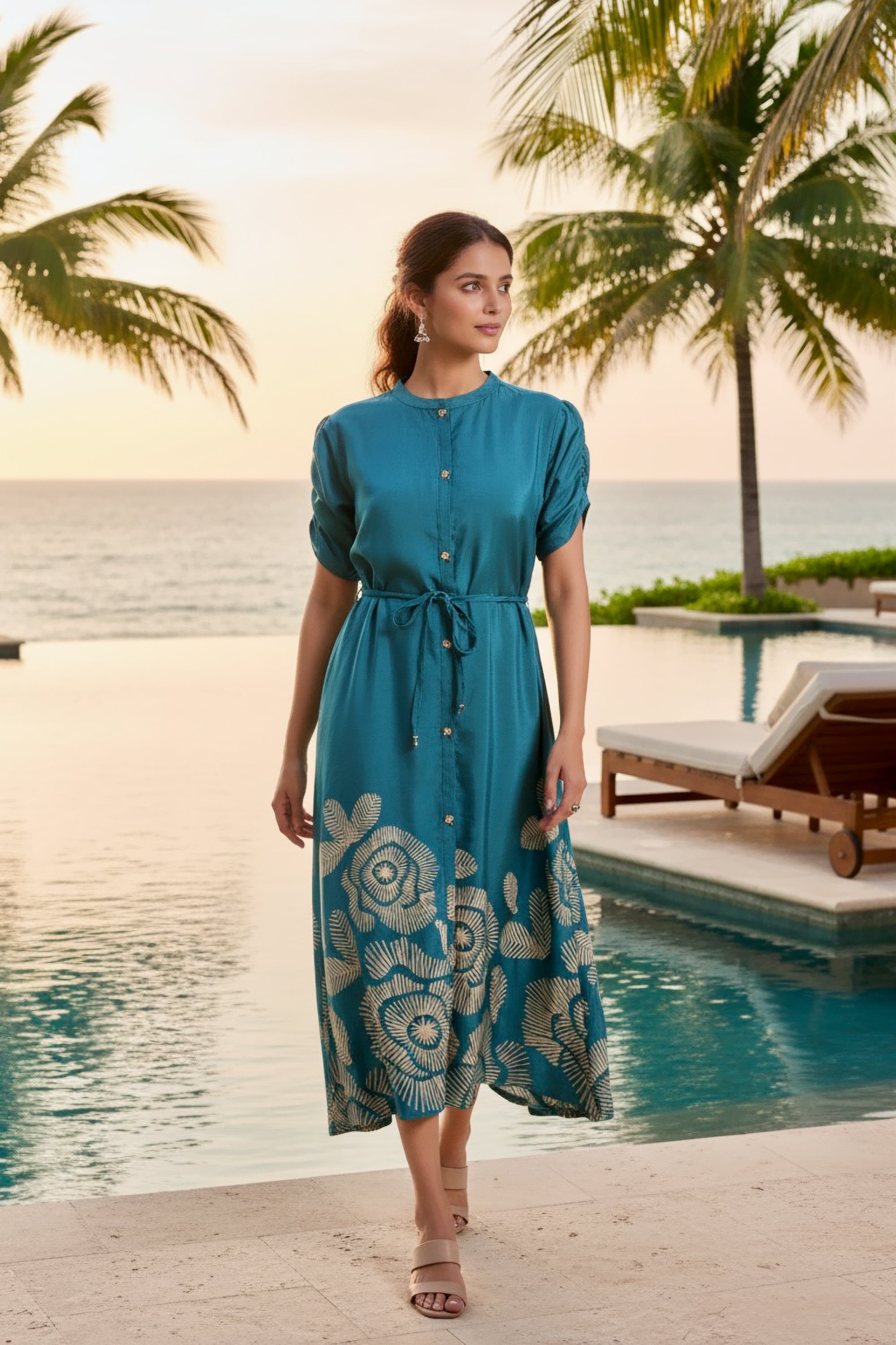 Teal Green Handcrafted Floral Russian Silk Midi Dress