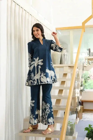 Navy Blue Jungle Mystique Cotton Co-ord Set