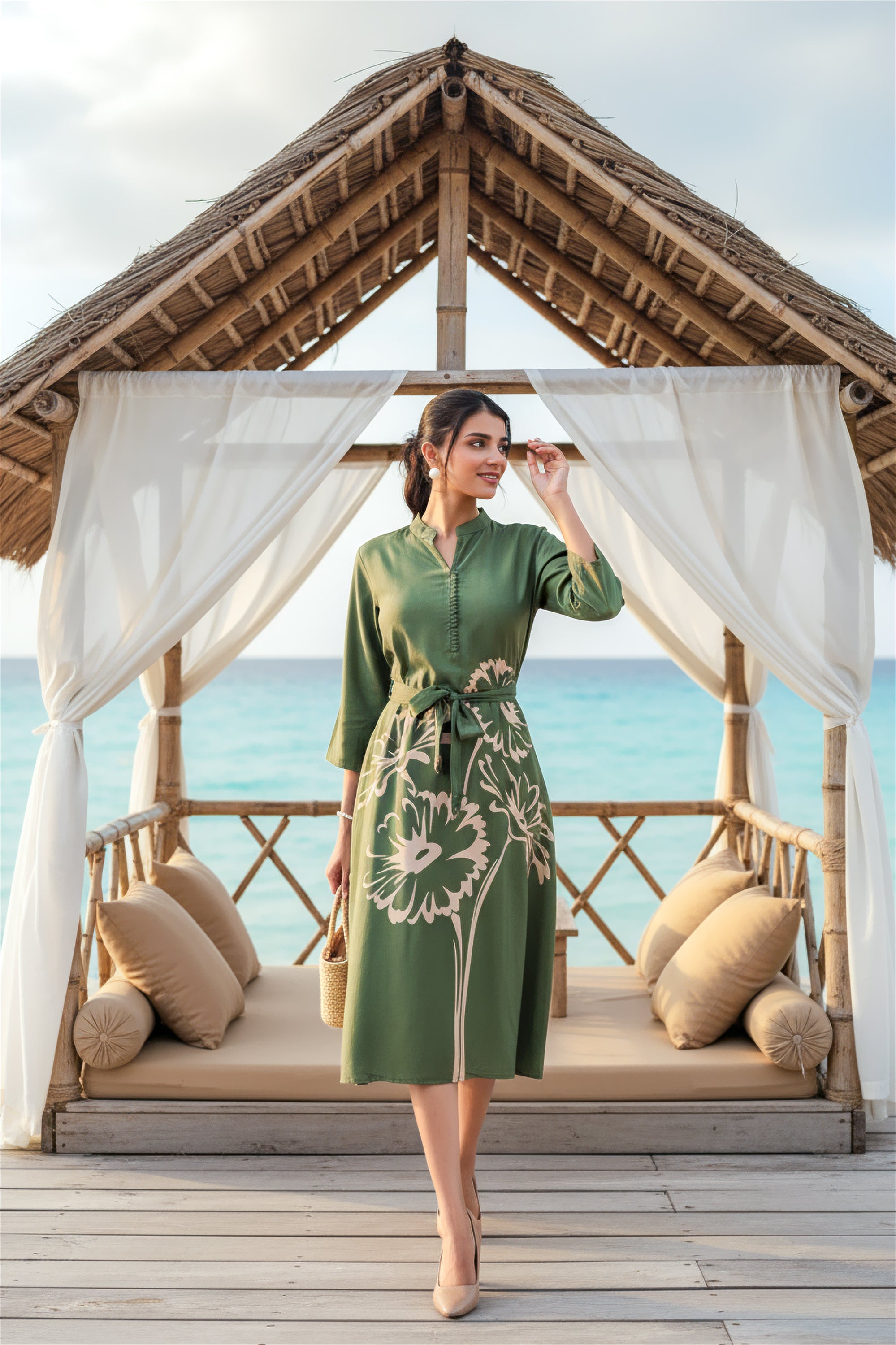 Elegant Green Floral Russian Silk Midi Dress