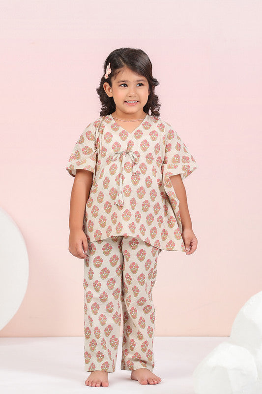 Cream Floral Cotton Kaftan Pyjama Set