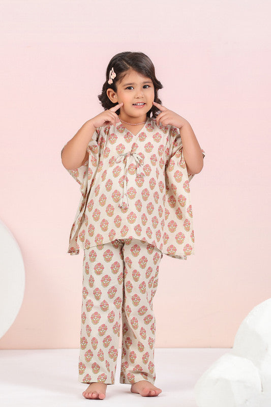 Cream Floral Cotton Kaftan Pyjama Set