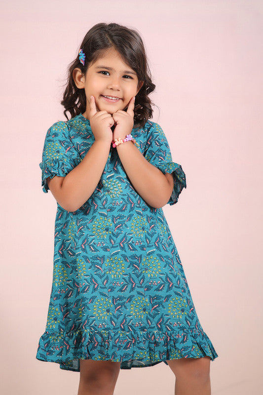 Azure Blossom Blue Cotton Kids Dress