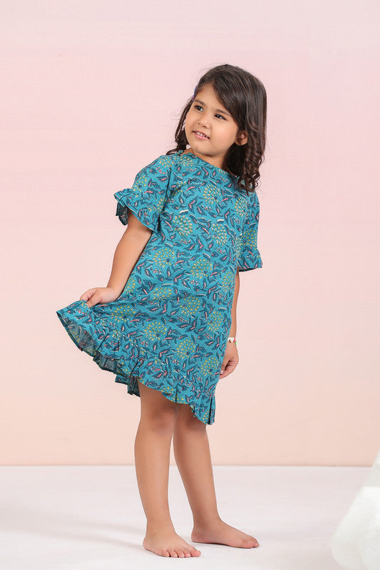 Azure Blossom Blue Cotton Kids Dress