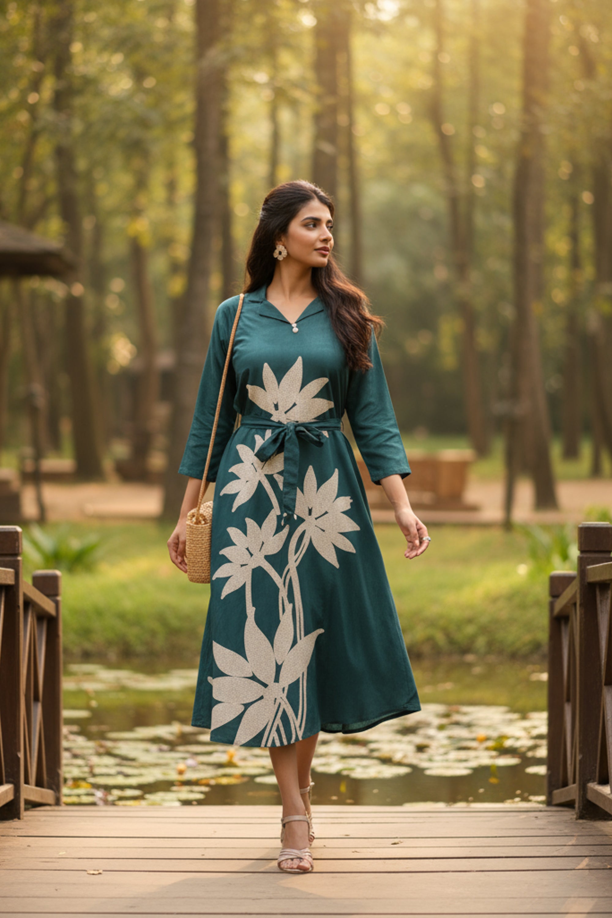 Green Floral Russian Silk Midi Dress