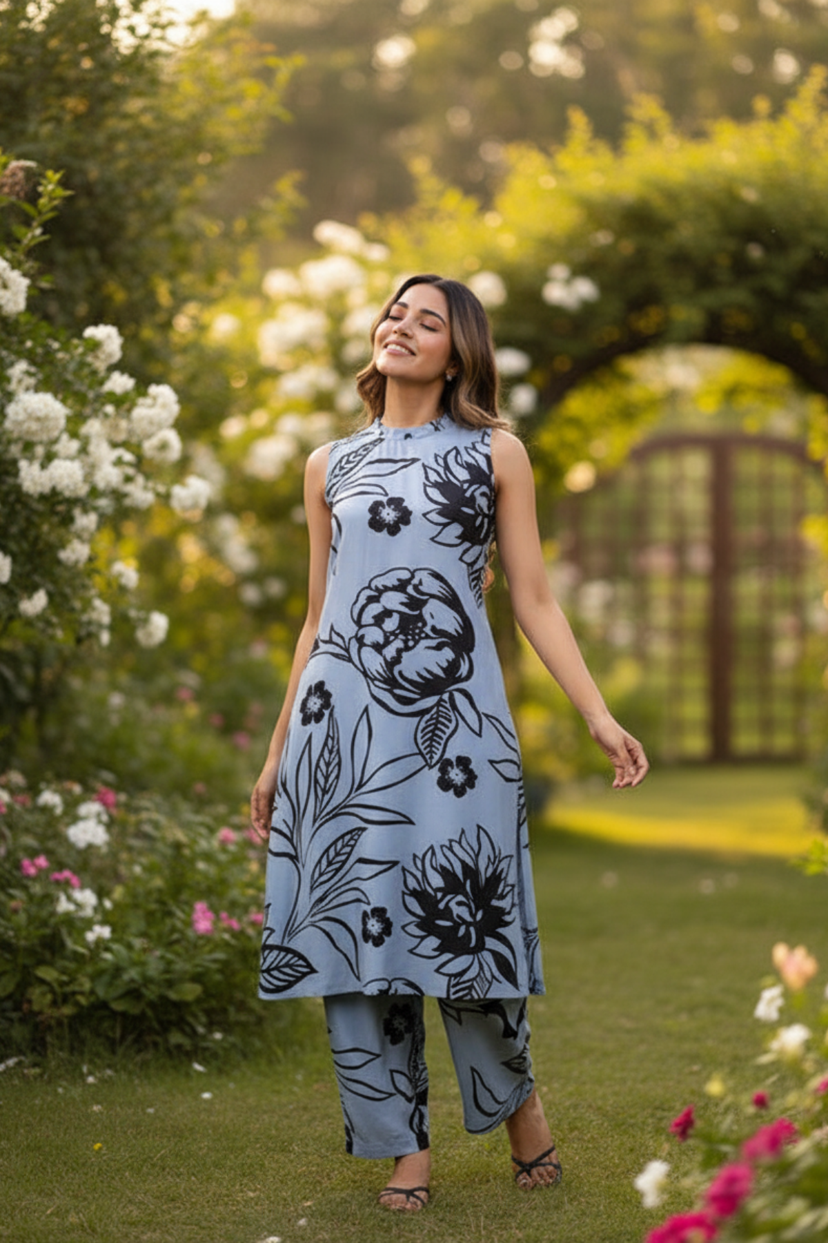 Serene Blue Bloom Printed Russian Silk Co-ord Set