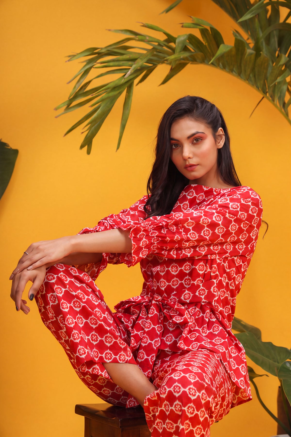 White Glitched Mandala on Red Cotton Co-ord Set
