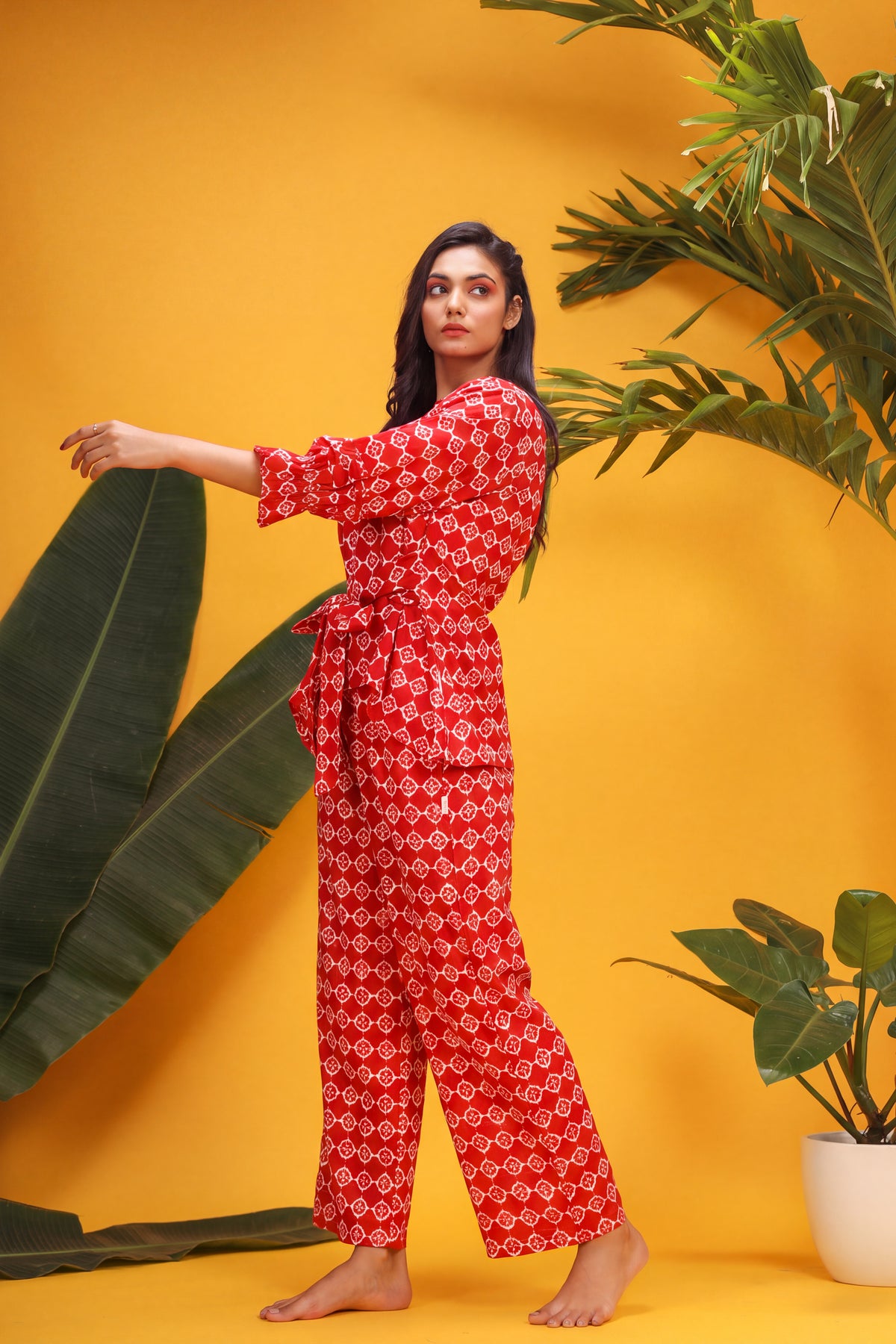 White Glitched Mandala on Red Cotton Co-ord Set