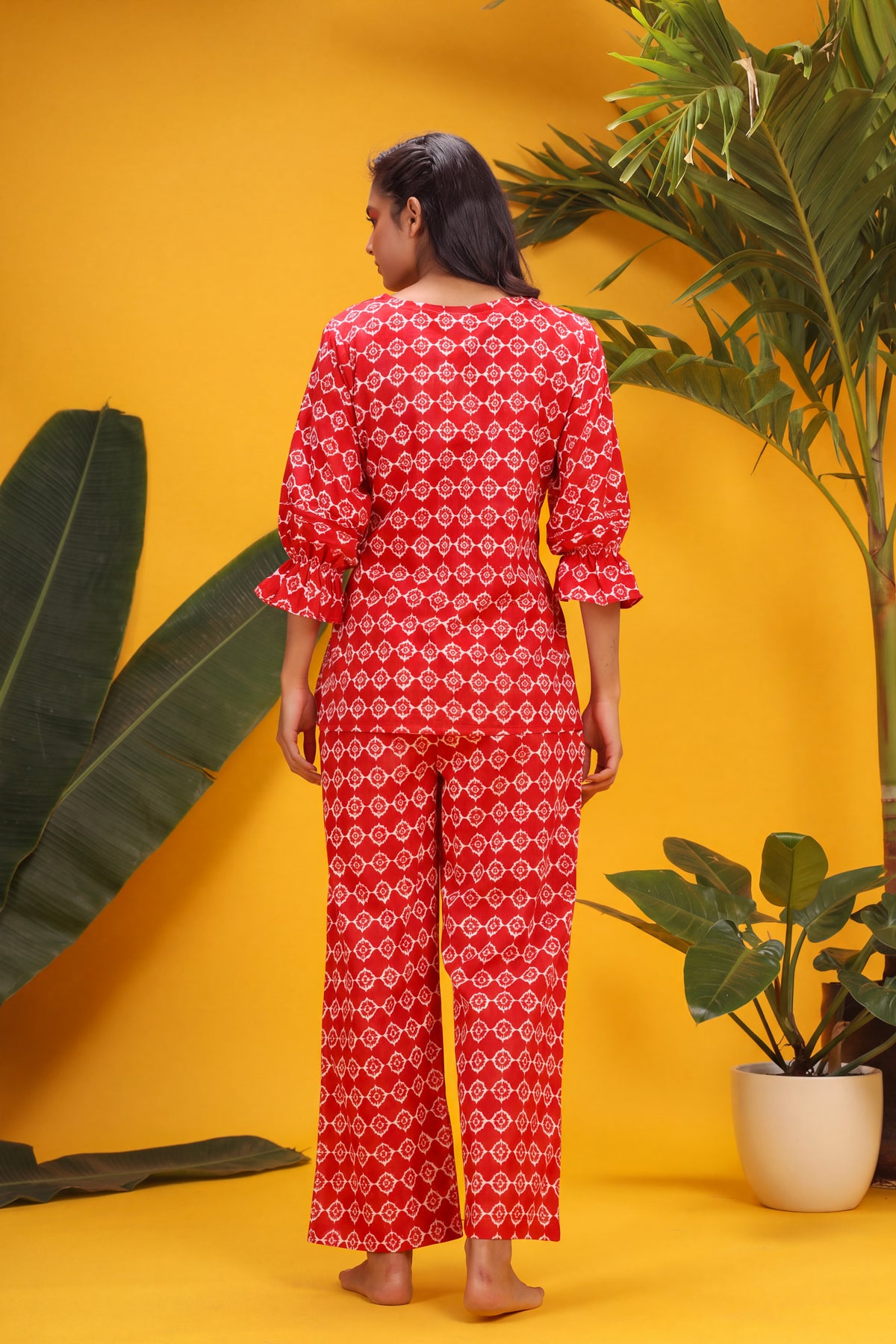 White Glitched Mandala on Red Cotton Co-ord Set