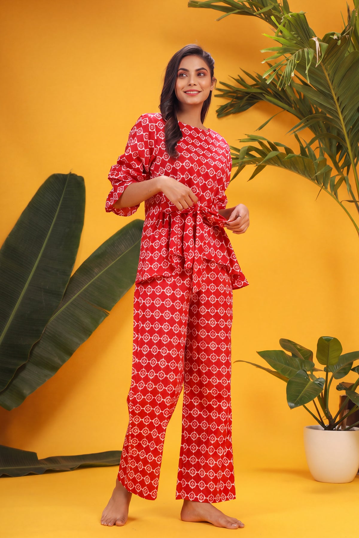 White Glitched Mandala on Red Cotton Co-ord Set