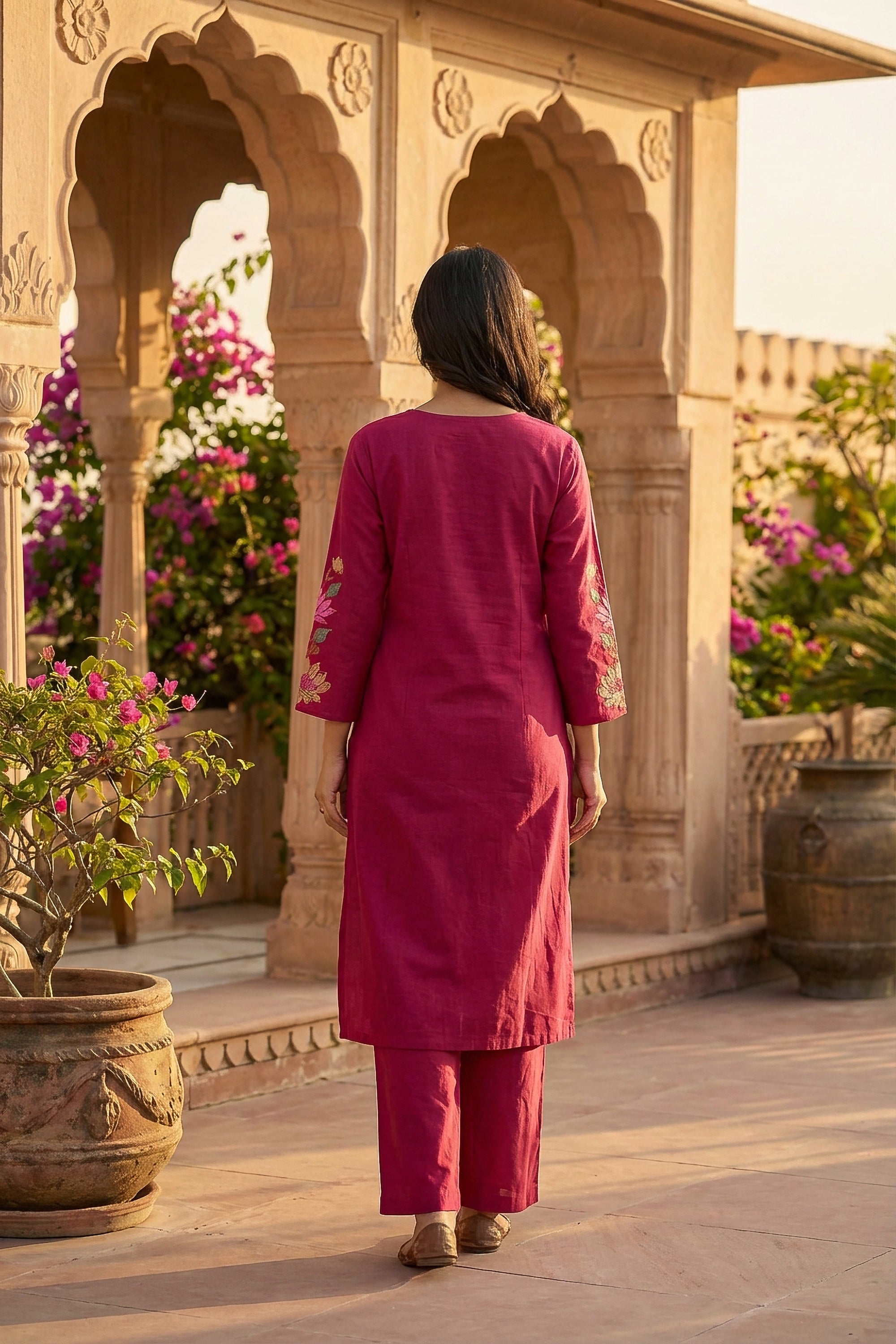 Pink Floral Embroidered Motif Cotton Flex Co-ord Set