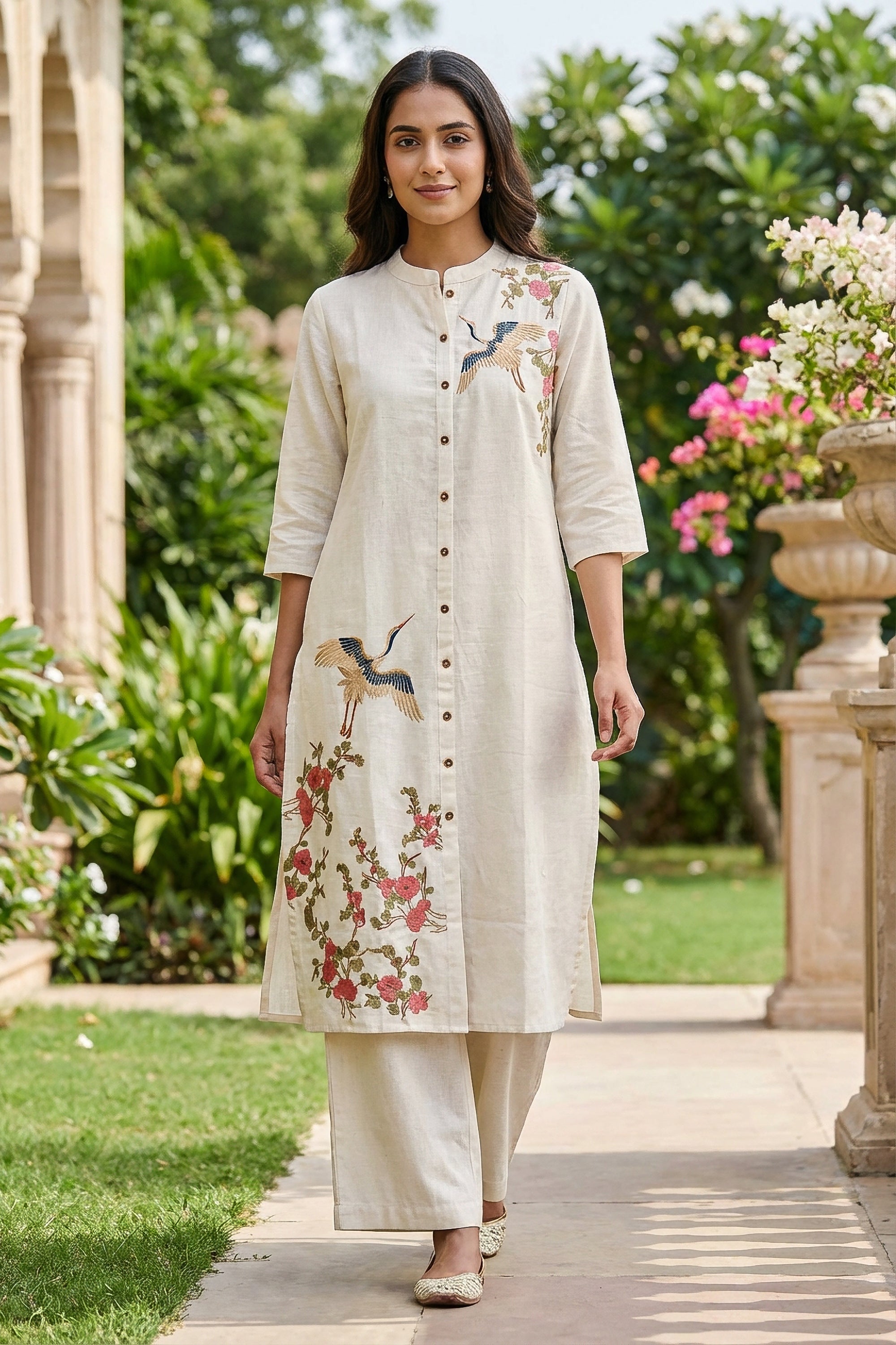 Off-White Crane Embroidered Cotton Flex Co-ord Set