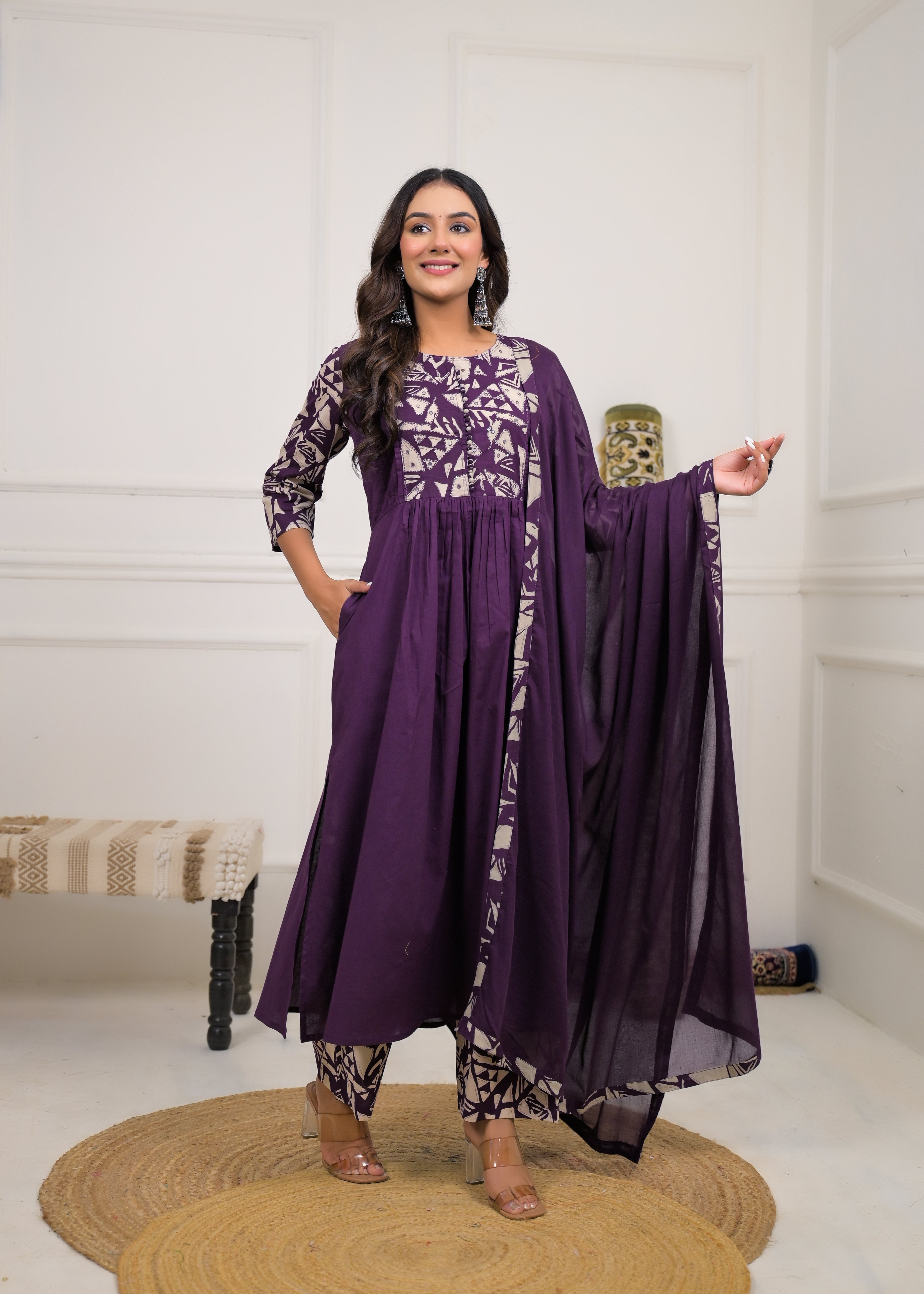 Purple Printed Anarkali Kurta Set with Dupatta