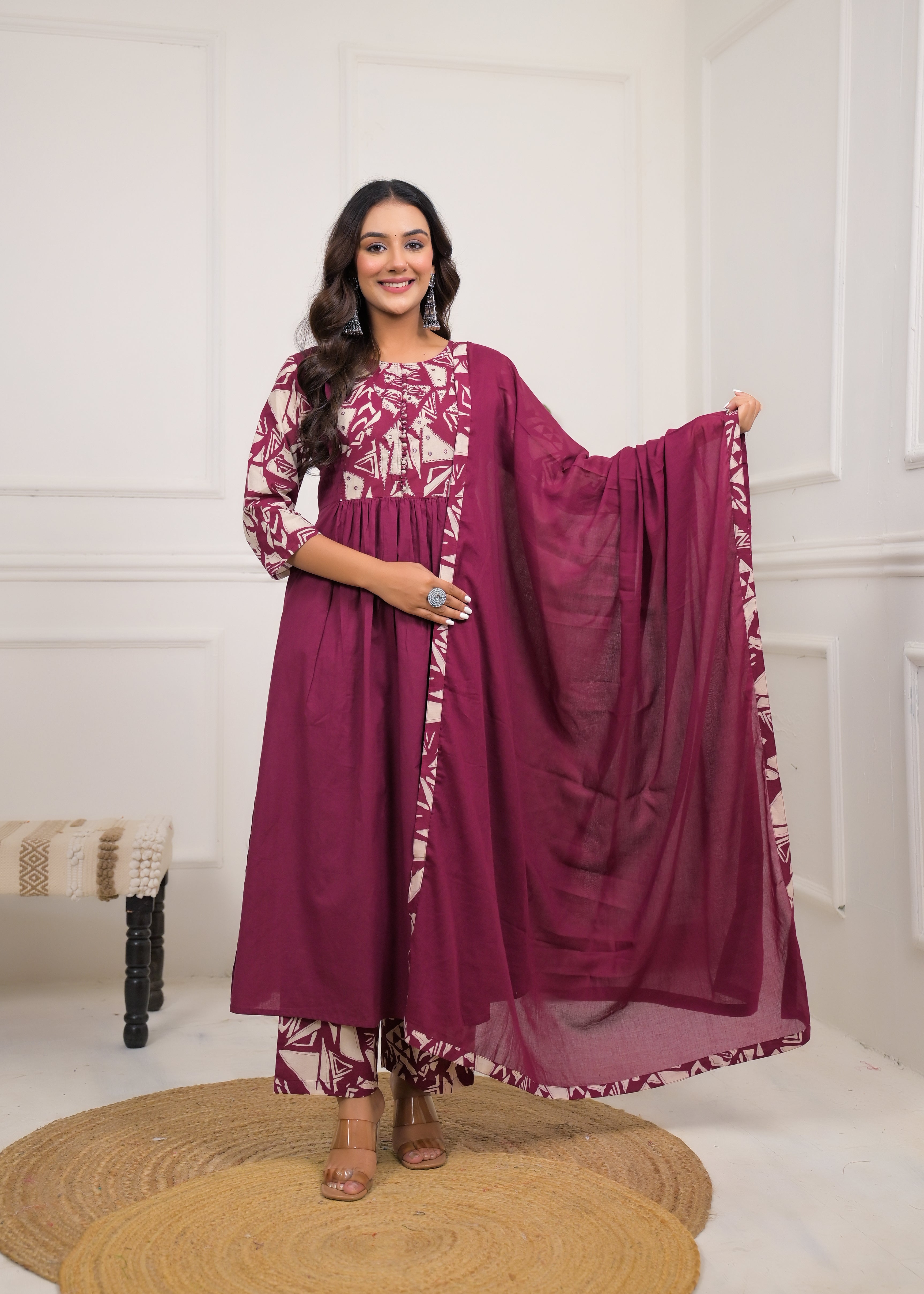 Maroon Printed Anarkali Kurta Set with Dupatta