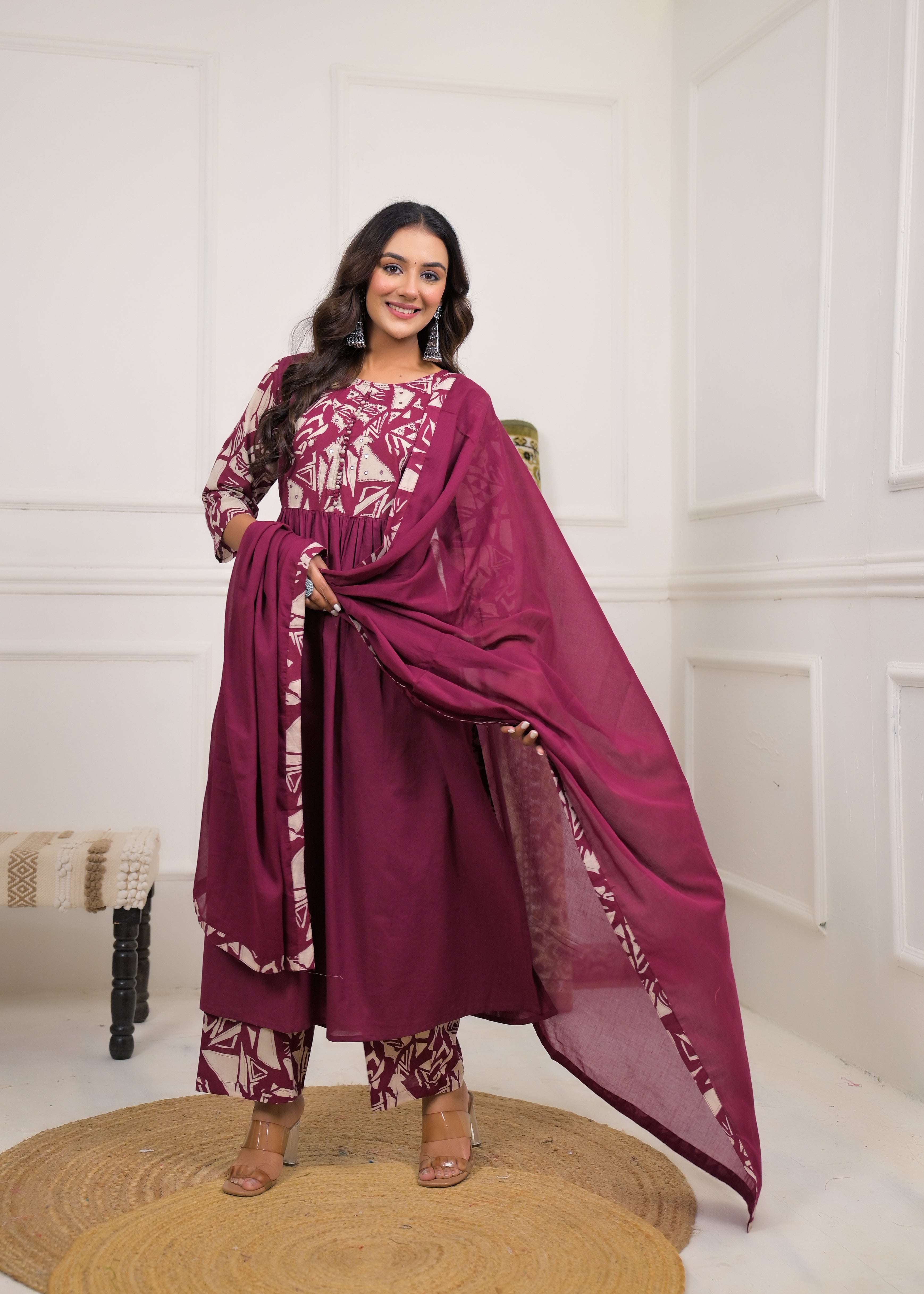 Maroon Printed Anarkali Kurta Set with Dupatta