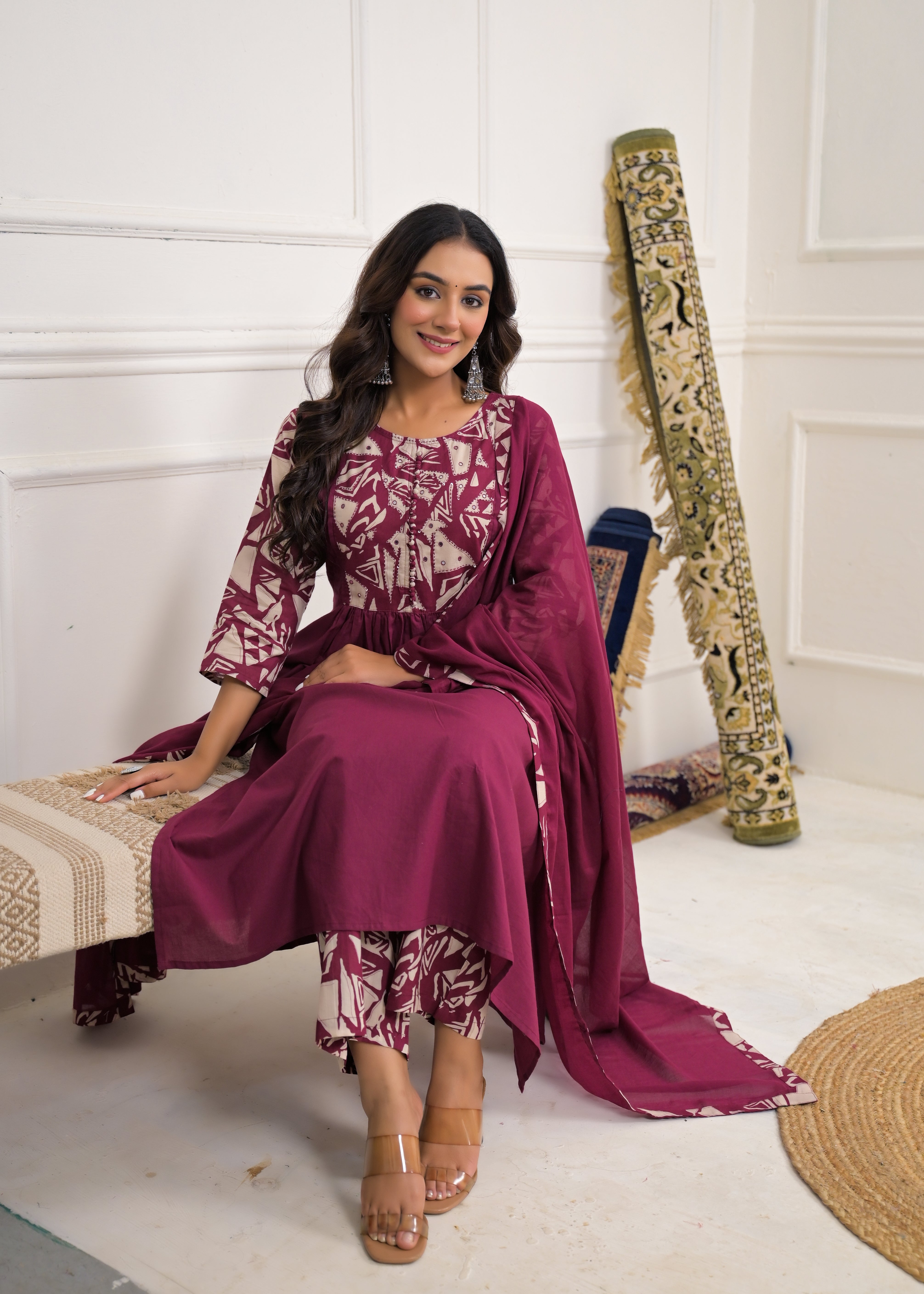 Maroon Printed Anarkali Kurta Set with Dupatta