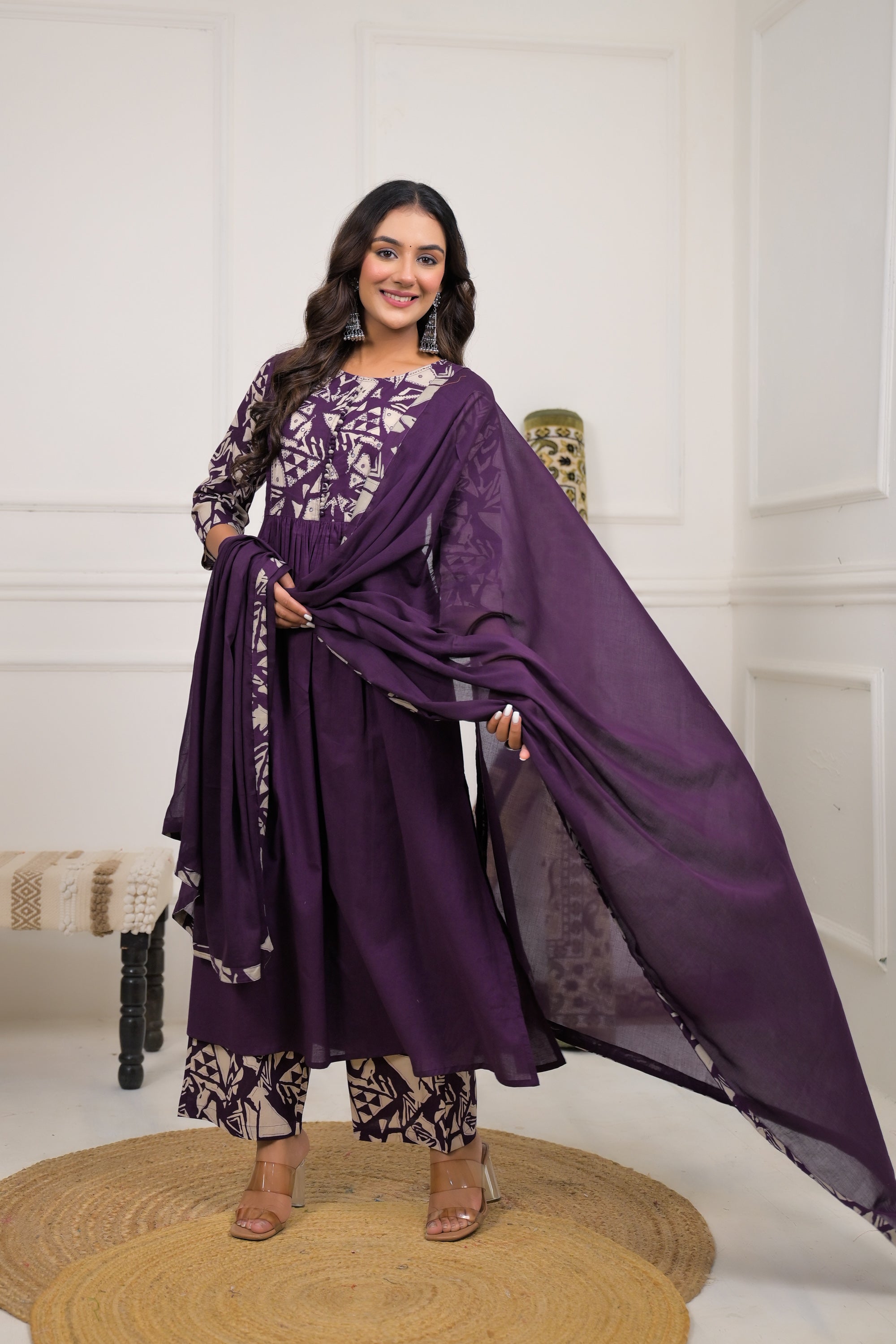 Purple Printed Cotton Anarkali Kurta Set with Dupatta