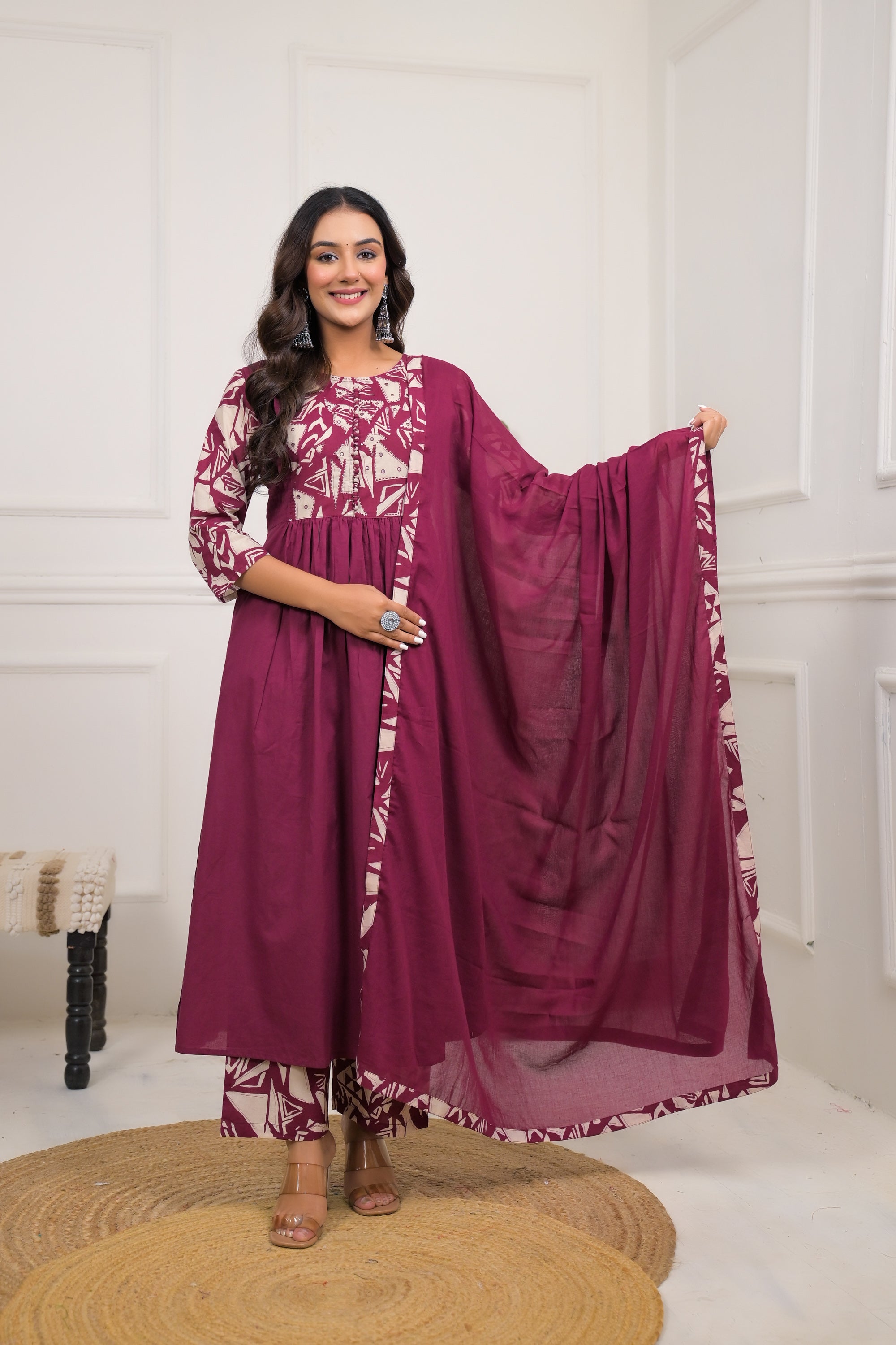 Maroon Printed Cotton Anarkali Kurta Set with Dupatta
