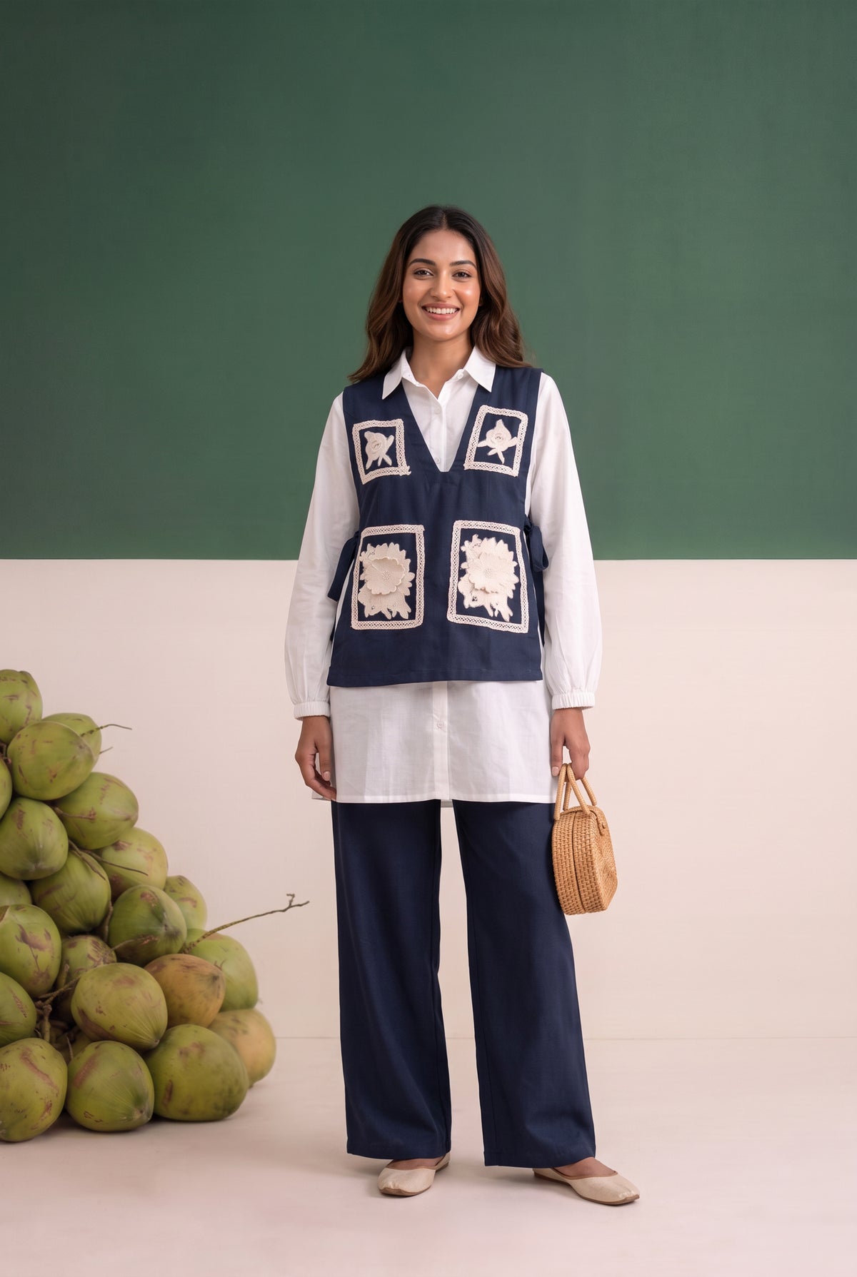 Blue Embroidered Patchwork Waistcoat Cotton Three-Piece Set