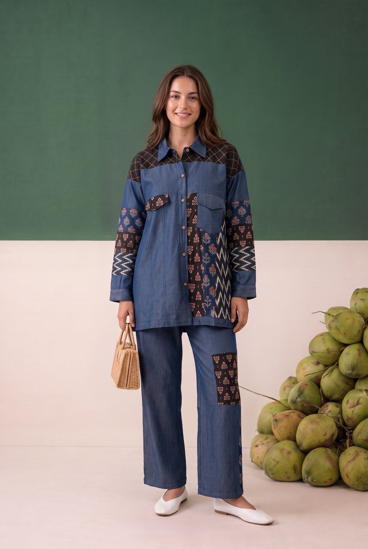 Blue Geometric and Floral Printed Patchwork Denim Cottom Co-ord Set