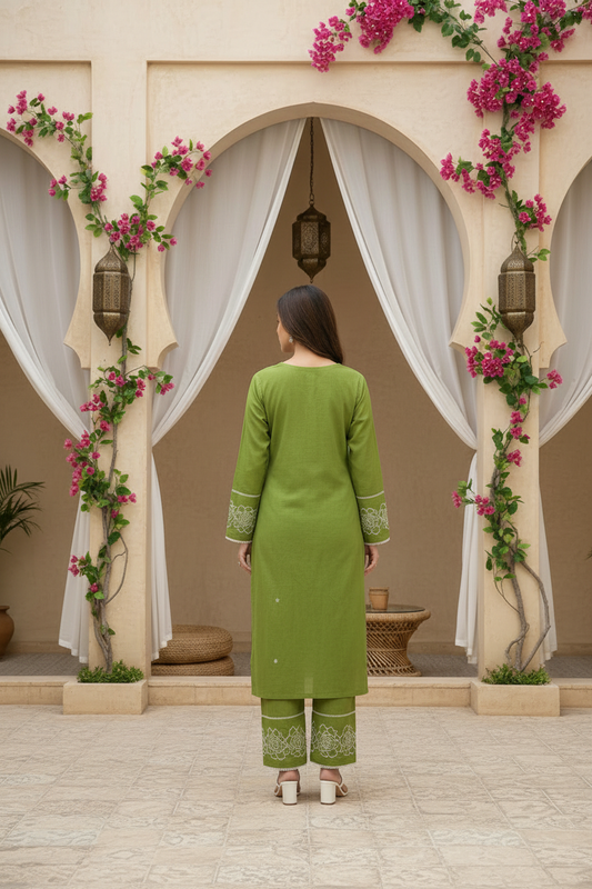Olive Green Embroidered Kurta Pant Set with Dupatta