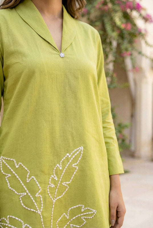 Lime Green Embroidered Straight Cotton Flex Co-ord Set