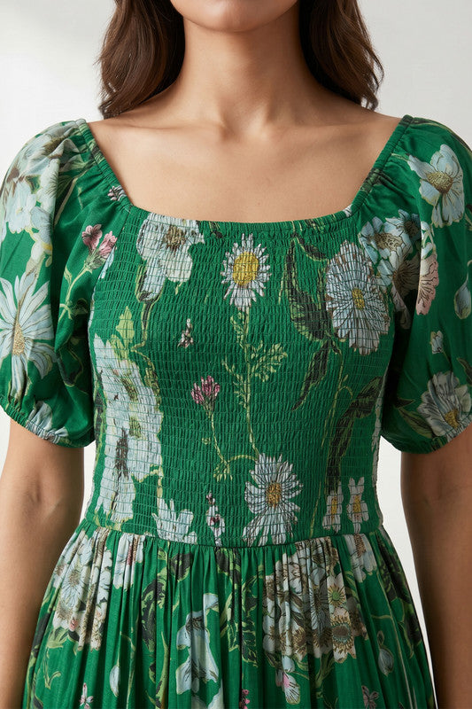 Emerald Green Printed Floral Inspired Puff Sleeve Summer Resort Russsian Silk Dress