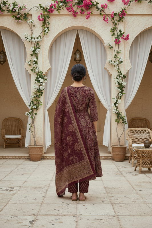 Royal Wine Ethnic Printed Kurta Pant Set