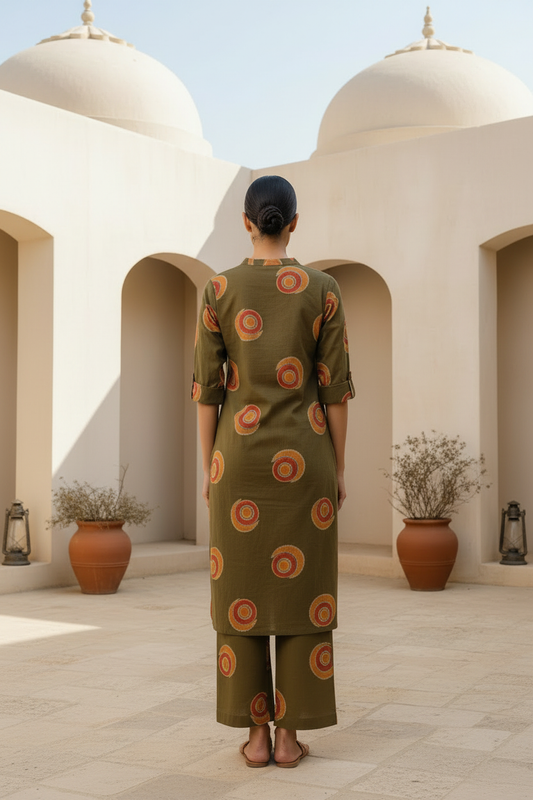 Abstract Print Mehndi Green Kurta Pant Set