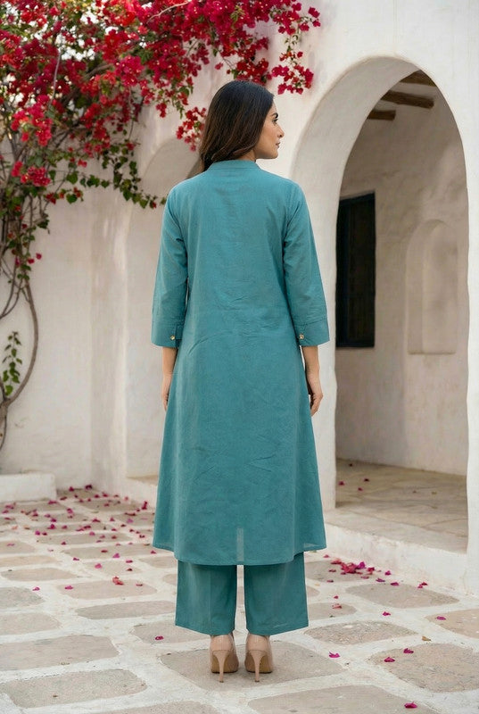 Teal Floral Embroidered Button-Down Cotton Flex Co-ord Set