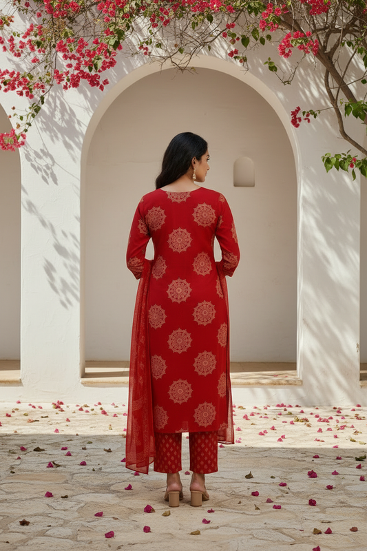 Scarlet Red Printed Kurta Pant Set with Dupatta