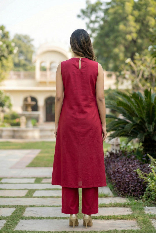 Maroon Floral Embroidered Sleeveless Cotton Co-ord Set