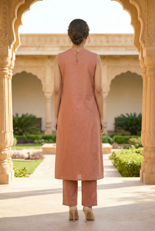 Peach Floral Embroidered Sleeveless Straight Cotton Co-ord Set