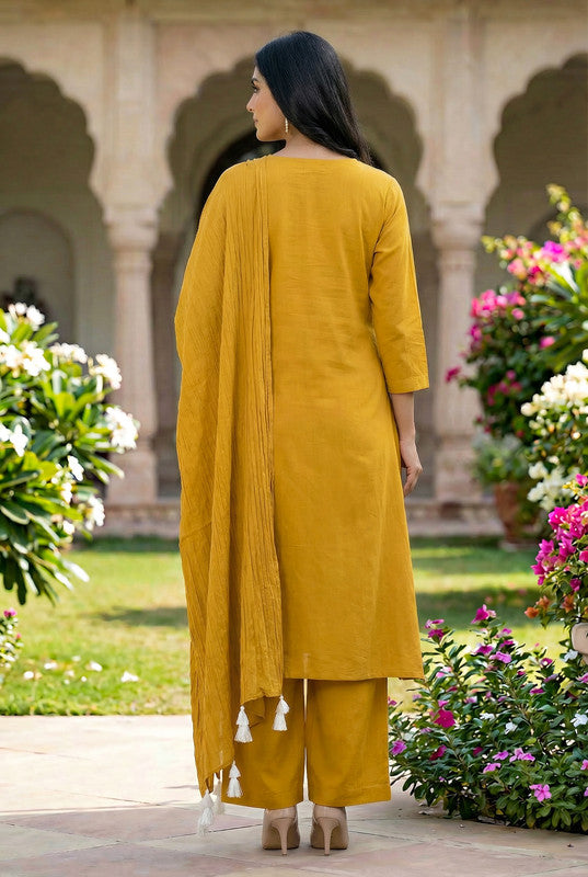 Yellow  Floral A-Line Embroidery Cotton Kurta Pant Set with Dupatta