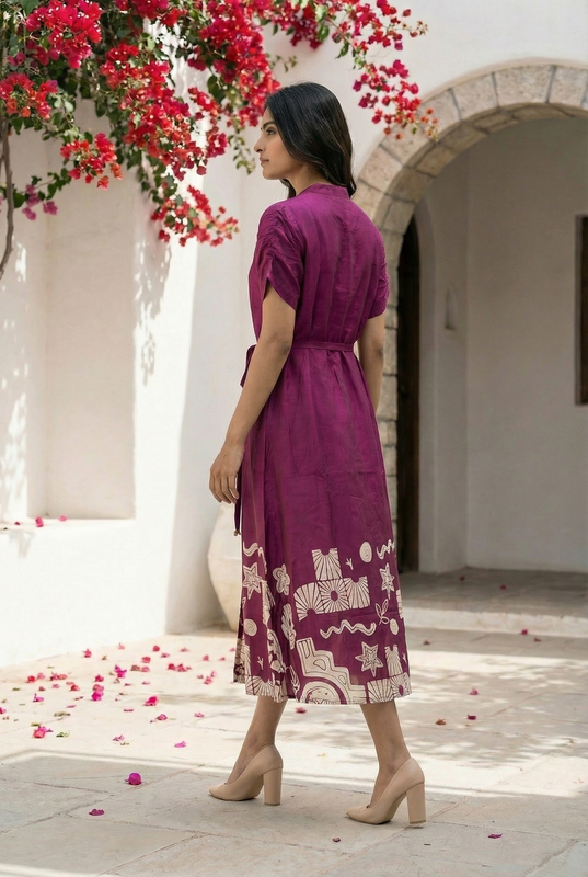 Printed Purple Russian Silk A-Line Dress with Front Buttons & Statement Print Border