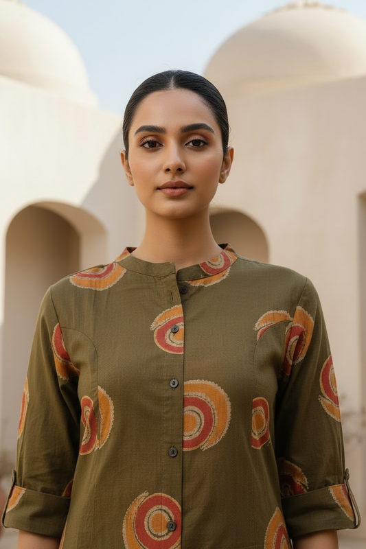 Abstract Print Mehndi Green Kurta Pant Set