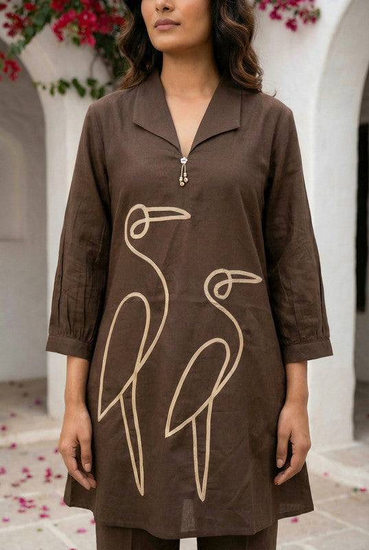 Elegant Brown Bird Design  Embroidered Cotton Co-ord Set
