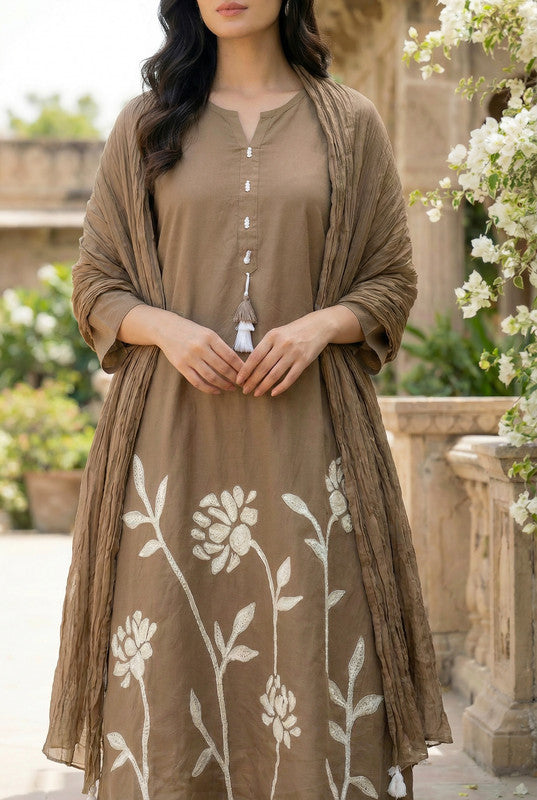 Brown Floral Embroidered Cotton Kurta Pant Set with Dupatta