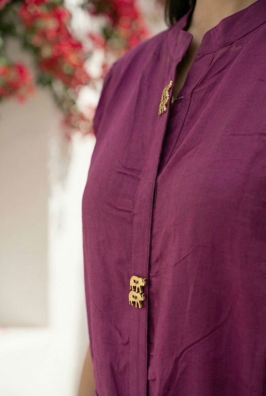 Printed Purple Russian Silk A-Line Dress with Front Buttons & Statement Print Border