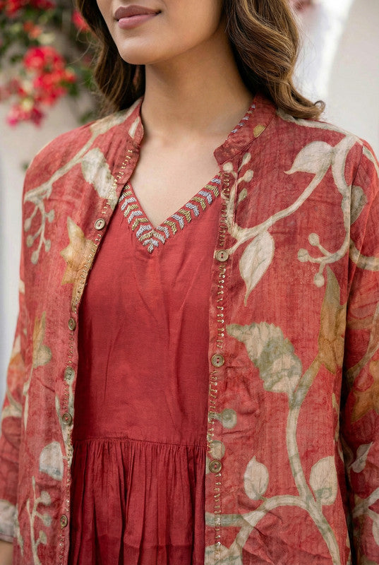 Maroon Flared Anarkali with Ethnic Printed Russian Silk Long Shrug Set