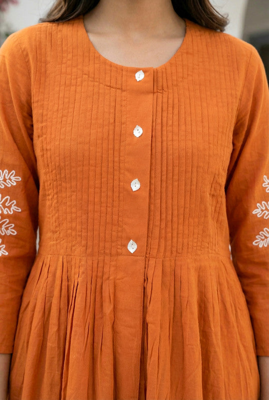Rust Orange Pleated with Leaf Embroidery Cotton Co-ord Set