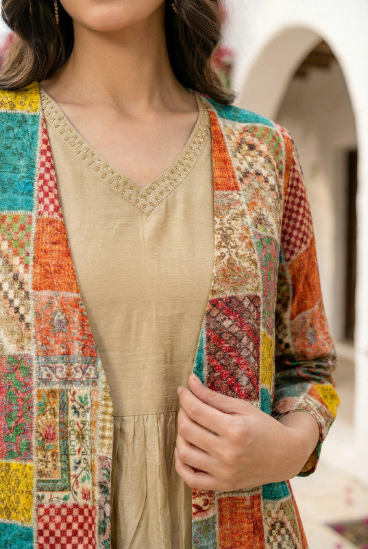 Multicolor Patchwork with Beige Anarkali Russian Silk Long Shrug Set