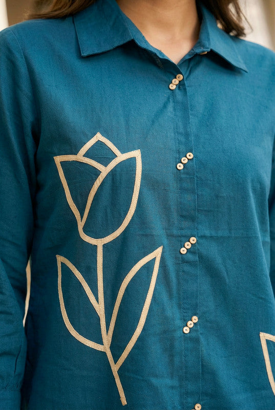Teal Blue Floral Embroidered Shirt Style Cotton Co-ord Set