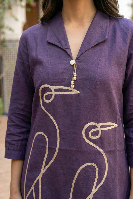 Purple Bird Motif Embroidered Cotton Co-ord Set