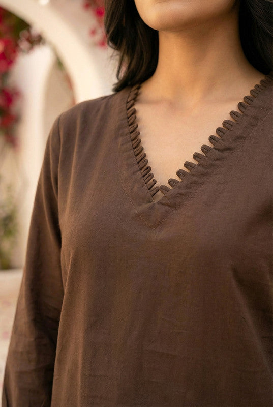 Brown Floral Embroidered Straight Cotton Co-ord Set