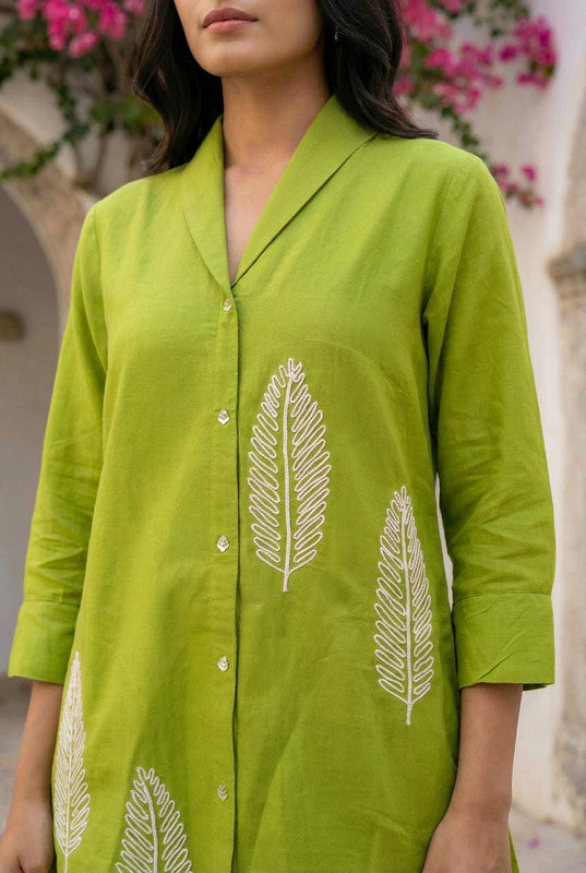 Green Botanical Embroidered Shirt Style Cotton Co-ord Set