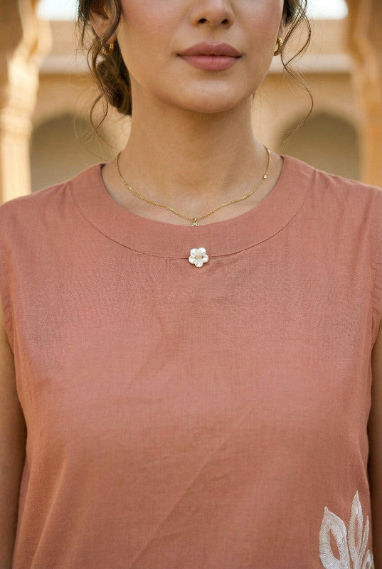 Peach Floral Embroidered Sleeveless Straight Cotton Co-ord Set