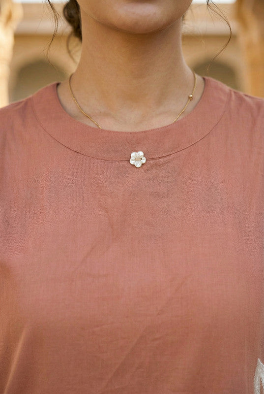 Peach Floral Embroidered Sleeveless Straight Cotton Co-ord Set