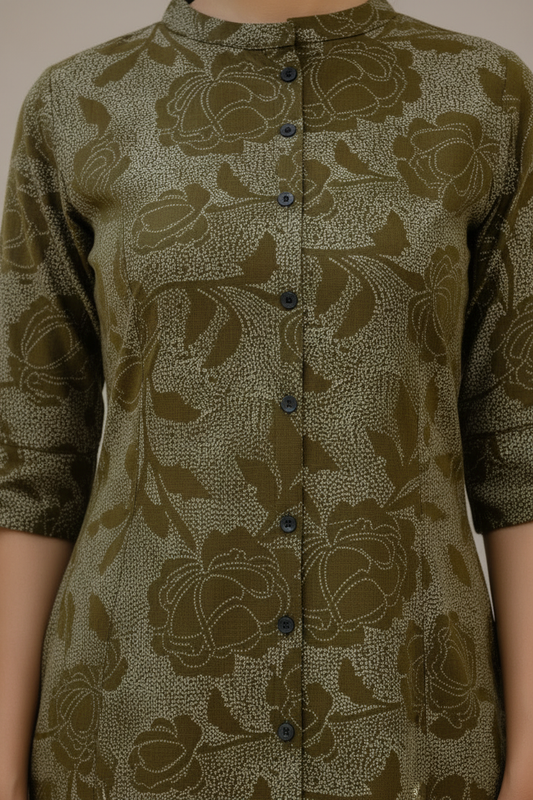 Olive Green Textured Button Kurta Pant Set