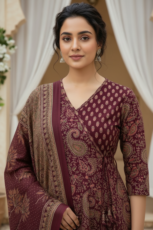 Royal Wine Ethnic Printed Kurta Pant Set